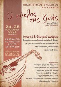 Αφίσα της παράστασης «Ο κύκλος της ζωής» στο Καββαδίειο Πολιτιστικό Κέντρο Αργυράδων, Ιανουάριος 2026.