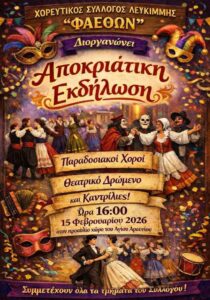 Αφίσα της εκδήλωσης «Αποκριάτικη Εκδήλωση Φαέθων» με παραδοσιακούς χορούς, θεατρικό δρώμενο και καντρίλιες στις 15 Φεβρουαρίου 2026 στη Λευκίμμη.