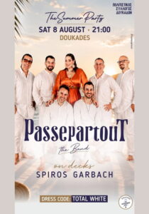Poster for The Summer Party – Part 2 in Doukades, featuring Passepartout – The Band and DJ Spiros Garbach.